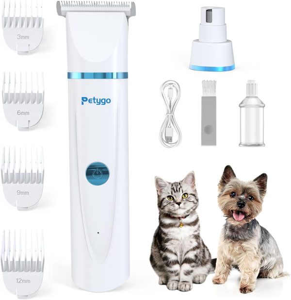 2-in-1 Dog & Cat Grooming Kit - Rechargeable Cordless Pet Hair Clippers with Nail Grinder & Paw Trimmer & 4 Guide Combs, Low Noise Dog Clippers for Grooming Small Medium Pets