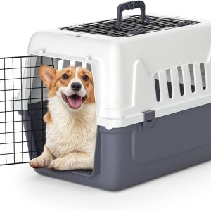 61Eiv1bzaYL._AC_SL1500_.jpg MoNiBloom 22-Inch Dog Crate Plastic 2-Door Top Loading Cat Carrier, Hard-Sided Dog Travel Carrier for Small Dogs and Cats, Ventilation and Security Lock Design for Pets up to 22 lbs (Grey)