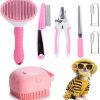 7 Pcs Cat Dog Brush Grooming Kits, Self-Cleaning Slicker Brush, Pet Nail Clipper and File, Flea Comb, Pet Shampoo Bath Brush, Pet Finger Toothbrush, Storage Bag (Pink)