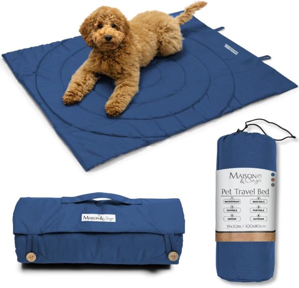 61R4NTqfBcL._AC_SL1080_.jpg Portable Dog Mat - Waterproof & Foldable Pet Bed - Ideal for Indoor, Outdoor, Cafes, Travel, Camping, Grooming & Training - 39"x30" - Includes Carry Bag - Durable, Washable & Lightweight - Blue