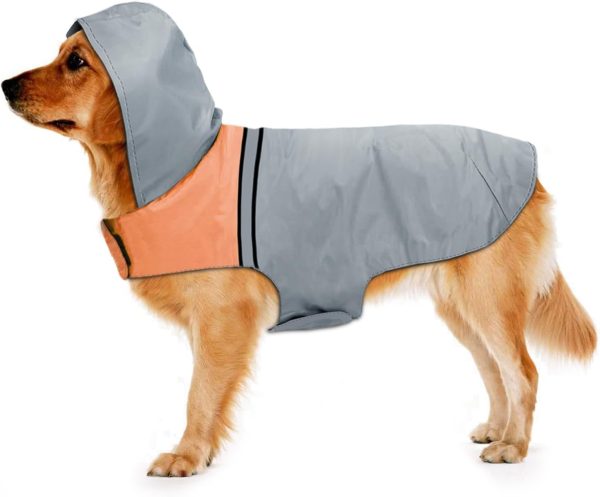 Dog Raincoat with Reflective Strip, Ultra Light Breathable Waterproof Dog Rain Jacket, Adjustable Waterproof Dog Raincoat with Hood, Suitable for Small, Medium, and Large Dogs (Grey, L)