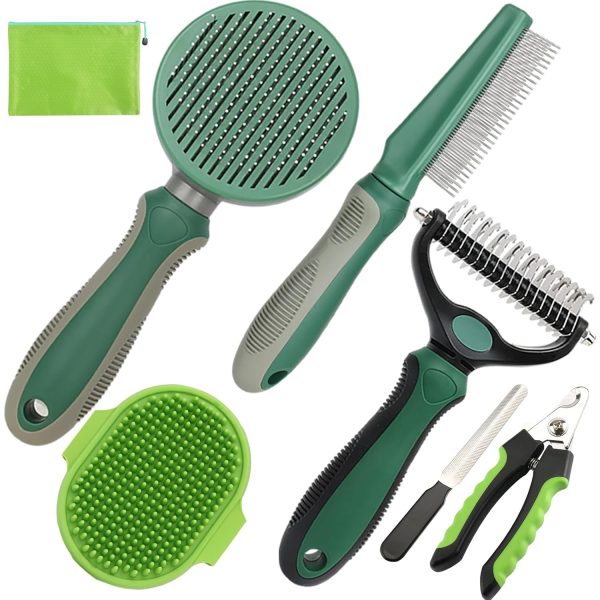 716LaFu9LL._SL1500_.jpg Pet Grooming Kit - 7 PCS Green Deshedding Brush Set with Undercoat Rake, Slicker Brush, Bath Brush & Nail Clipper for Short & Long-Haired Dogs and Cats