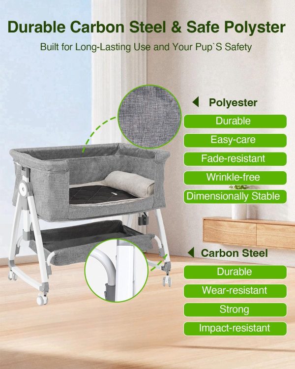 Bedside Dog Bed Co Sleeper- 6-Level Adjustable Elevated Dog Bassinet for Small Medium Dogs & Cats, Pet Bed Attachment to Human Bed, Lockable Wheels, 2 Removable & Washable Cushions