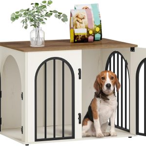 712HiCwQlNL._AC_SL1500_.jpg 31.5” Wooden Dog Crate Furniture, Indoor Dog Kennel Dogs Cage for Small/Medium Dogs, Heavy Duty Dog Crates Decorative Pet House End Side Table TV Stand, White Brown DFC85114B
