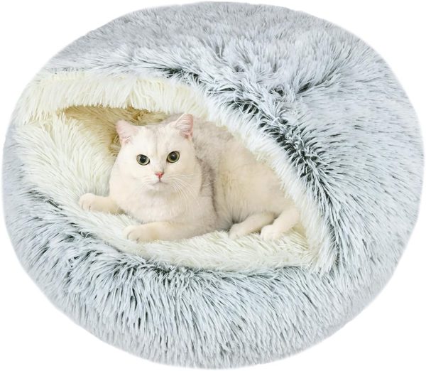 Calming Cat Beds, Fluffy Plush Round Cat Cave Washable, Cozy Warming Anti-Slip Small Dog Bed for Puppy and Kitten, Soft Anti Anxiety Pet Nest (20×20 inch, Grey)
