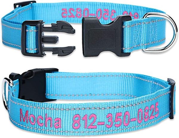 71AjxL2-tQL._AC_SL1200_.jpg Personalized Dog Collar, Custom Embroidered Pet Name and Phone Number 4 Adjustable Sizes X-Small Small Medium Large Quick Release Buckle and D-Ring