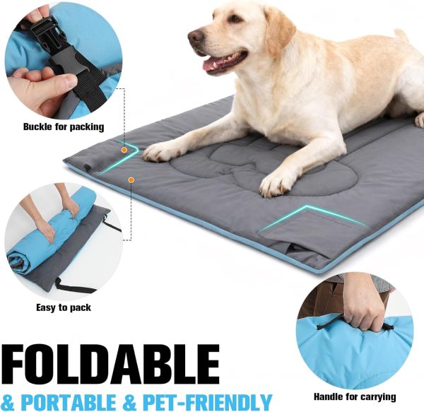 EXPAWLORER Outdoor Dog Bed, Portable Waterproof Reversible Camping Travel Durable Dog Bed, Large Pet Mat Machine Washable Indoor for Medium Large Dogs Puppy Cats Sleeping Outside 26"x43" Blue & Grey