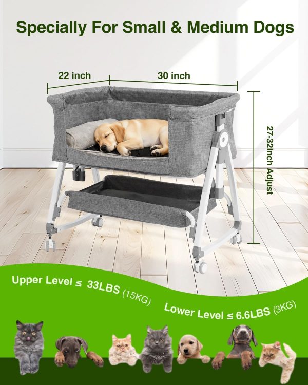 Bedside Dog Bed Co Sleeper- 6-Level Adjustable Elevated Dog Bassinet for Small Medium Dogs & Cats, Pet Bed Attachment to Human Bed, Lockable Wheels, 2 Removable & Washable Cushions