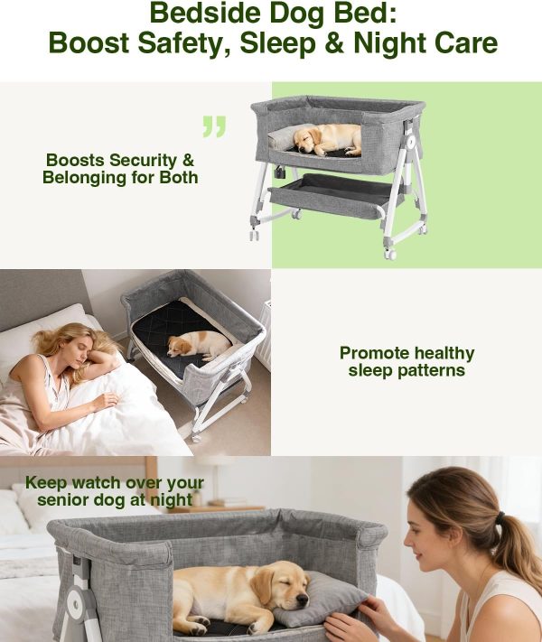 Bedside Dog Bed Co Sleeper- 6-Level Adjustable Elevated Dog Bassinet for Small Medium Dogs & Cats, Pet Bed Attachment to Human Bed, Lockable Wheels, 2 Removable & Washable Cushions
