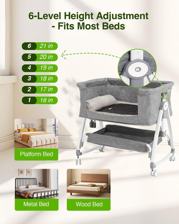 Bedside Dog Bed Co Sleeper- 6-Level Adjustable Elevated Dog Bassinet for Small Medium Dogs & Cats, Pet Bed Attachment to Human Bed, Lockable Wheels, 2 Removable & Washable Cushions