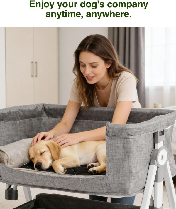 Bedside Dog Bed Co Sleeper- 6-Level Adjustable Elevated Dog Bassinet for Small Medium Dogs & Cats, Pet Bed Attachment to Human Bed, Lockable Wheels, 2 Removable & Washable Cushions