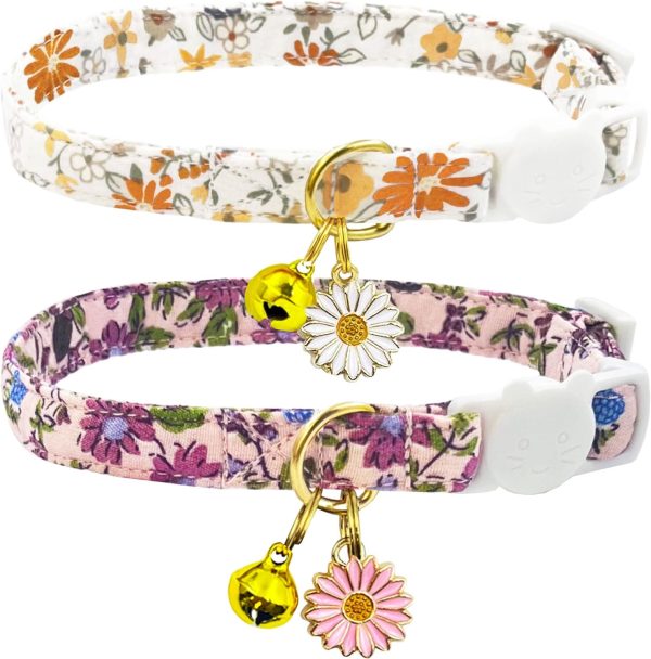 71XEqsqFjlL._AC_SL1500_.jpg 2 Pack Cotton Breakaway Cat Collars Set with Bell and Flower Pendant, Cute Floral Fruit Patterned, Adjustable 7.5-11Inch, Include A Mouse Toy Gift