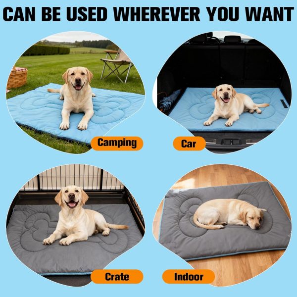 EXPAWLORER Outdoor Dog Bed, Portable Waterproof Reversible Camping Travel Durable Dog Bed, Large Pet Mat Machine Washable Indoor for Medium Large Dogs Puppy Cats Sleeping Outside 26"x43" Blue & Grey
