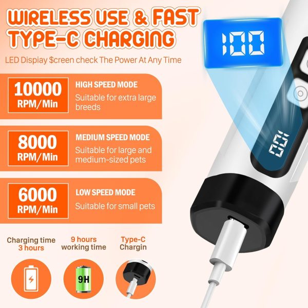 Dog Nail Grinder Electric Powerful 3 Speeds Dog Nail Clippers with Lights Quiet Cat Nail Clipper Painless Care Trimmers Tools for Small Medium Large Dogs and Cats (Black)
