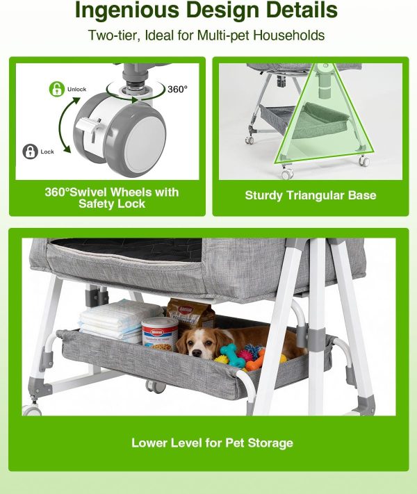 Bedside Dog Bed Co Sleeper- 6-Level Adjustable Elevated Dog Bassinet for Small Medium Dogs & Cats, Pet Bed Attachment to Human Bed, Lockable Wheels, 2 Removable & Washable Cushions