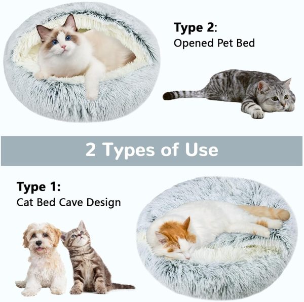 Calming Cat Beds, Fluffy Plush Round Cat Cave Washable, Cozy Warming Anti-Slip Small Dog Bed for Puppy and Kitten, Soft Anti Anxiety Pet Nest (20×20 inch, Grey)