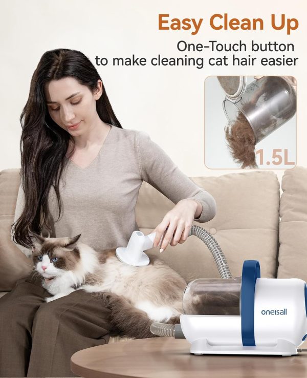 oneisall Cat Vacuum Groomer Quiet, Pet Vacuum Grooming Kit with Clipper Paw Trimmer & Brush, 1.5L Large Dust Cup Pet Vacuum for Shedding, Trimming & Home Cleaning
