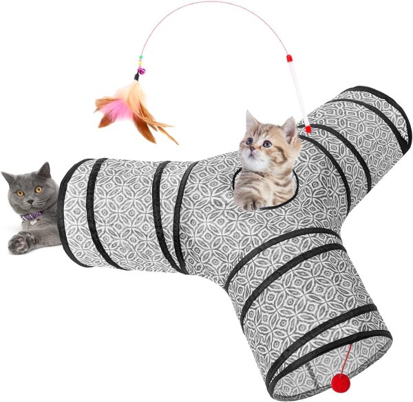 Tempcore 3 Way Collapsible Cat Tunnel for Indoor Cats, Pet Tunnel Bored Toys with Peek Hole & Ball for Puppy, Kitty, Kitten, Rabbit, Grey-Coin