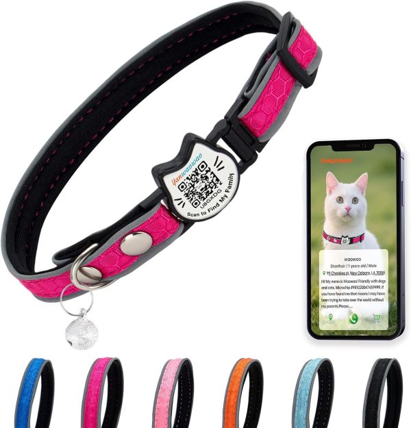 71ydGEBZ0TL._AC_SL1500_.jpg Cat Collar with Bells Reflective Cat Collars Breakaway with Oxford Cloth Soft Padding Adjustable Kitten Collar with QR Code(Hotpink)