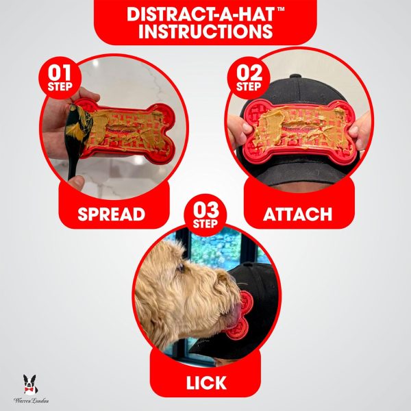818k3WWS01L._AC_SL1500_.jpg Distract-A-Hat ™ by Warren London - Dog Grooming Distraction Lick Hat for Nail Clipping and Grooming – Adjustable Fit with Adhesive Dog Lick Pad, Spreader & Cleaning Brush Included