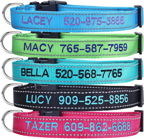81SBcwIy5uL._AC_SL1200_.jpg Personalized Dog Collar, Custom Embroidered Pet Name and Phone Number 4 Adjustable Sizes X-Small Small Medium Large Quick Release Buckle and D-Ring