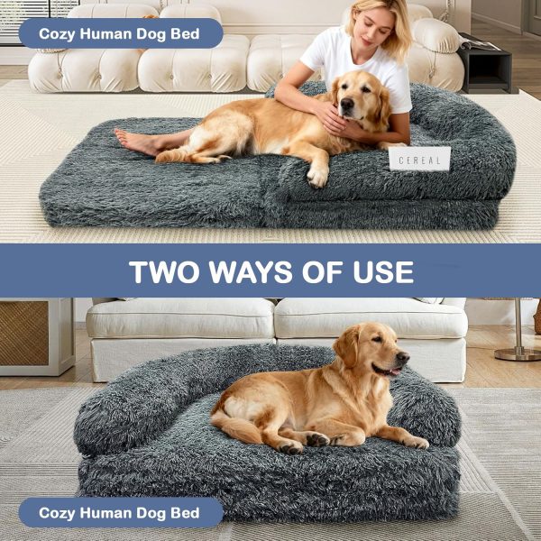ROOMTEC Foldable Human Dog Bed,71"x 38"x 9" Orthopedic Memory Foam Giant Bed Fits Adult and Pet Waterproof Washable 10 CM Thick 2 in 1 Flexible Oversize Pet Couch Sofa with Blanket,Pocket- Darkgrey
