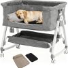 Bedside Dog Bed Co Sleeper- 6-Level Adjustable Elevated Dog Bassinet for Small Medium Dogs & Cats, Pet Bed Attachment to Human Bed, Lockable Wheels, 2 Removable & Washable Cushions