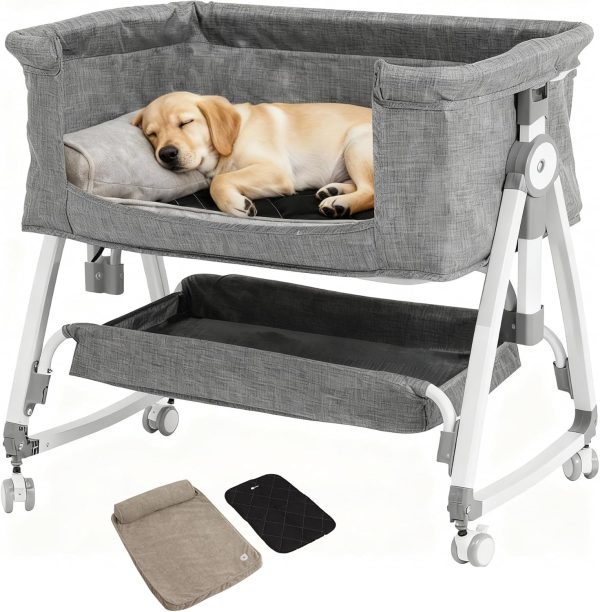 Bedside Dog Bed Co Sleeper- 6-Level Adjustable Elevated Dog Bassinet for Small Medium Dogs & Cats, Pet Bed Attachment to Human Bed, Lockable Wheels, 2 Removable & Washable Cushions